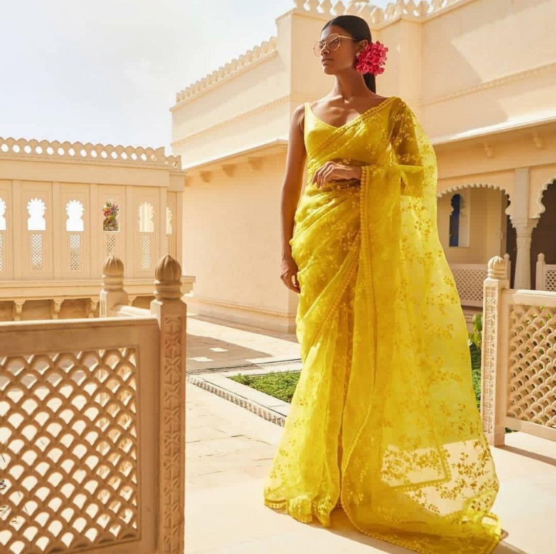 red tissue net embroidered bollywood partywear saree