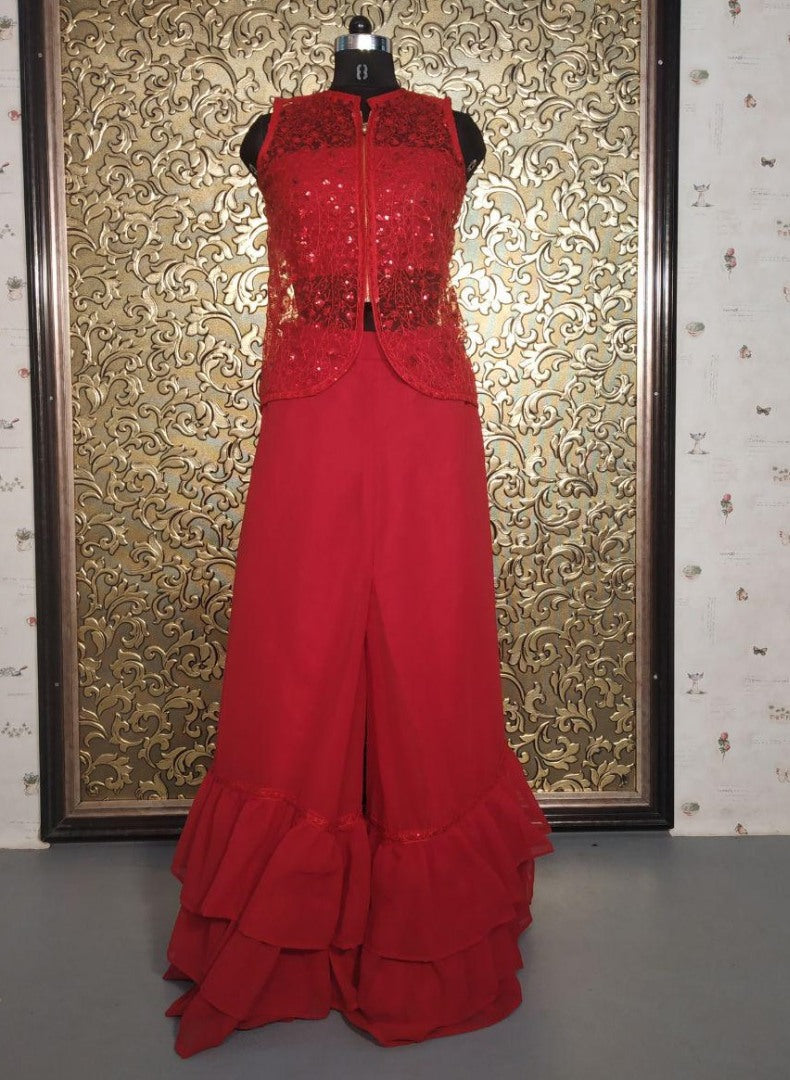 Red two layer ruffle plazzo suit with jacket