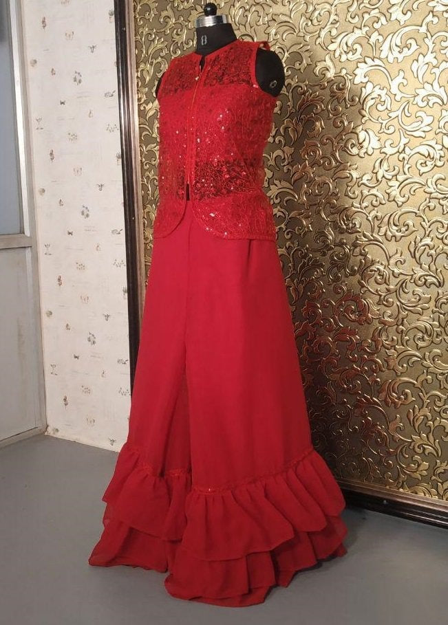 Red two layer ruffle plazzo suit with jacket