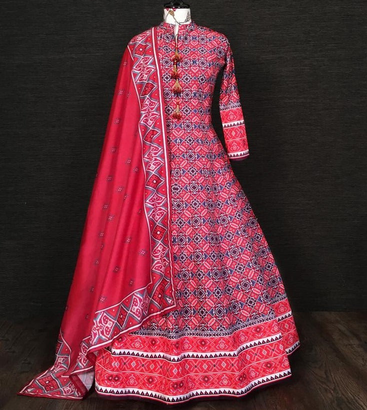 Red vaishali silk digital printed anarkali gown