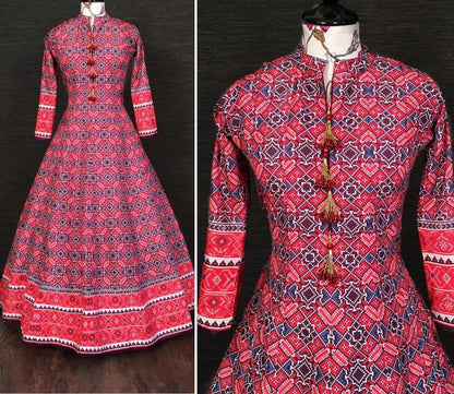 Red vaishali silk digital printed anarkali gown
