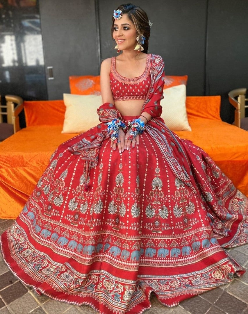 Red vaishali silk digital printed lehenga choli