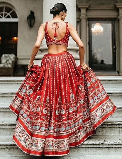 Red vaishali silk digital printed lehenga choli