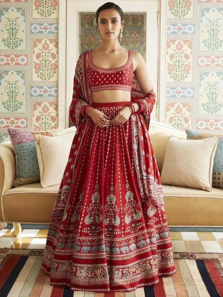 Red vaishali silk digital printed lehenga choli
