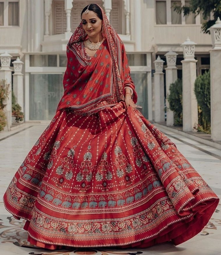 Red vaishali silk digital printed lehenga choli
