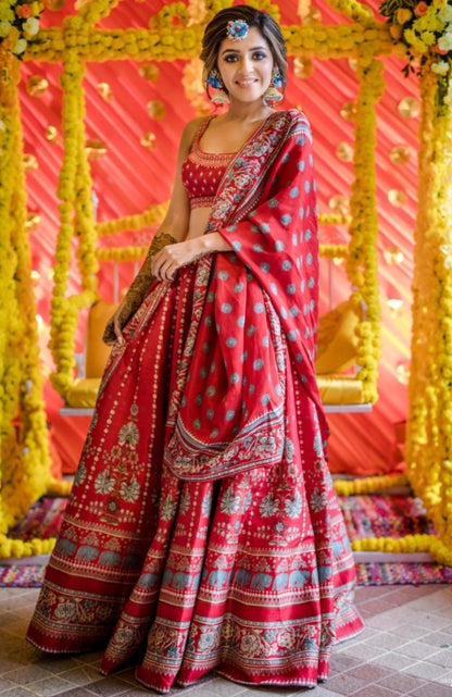 Red vaishali silk digital printed lehenga choli