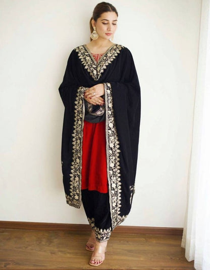 Red velvet embroidery work plazzo suit