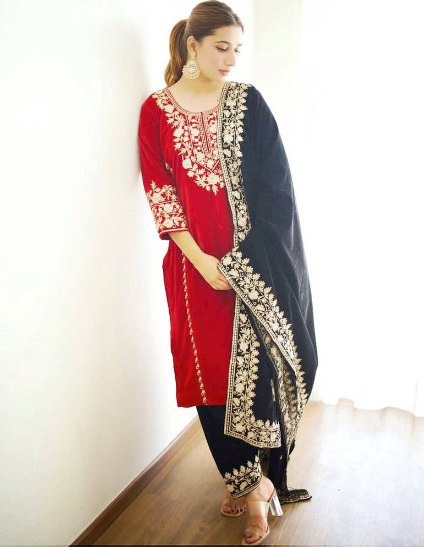 Red velvet embroidery work plazzo suit