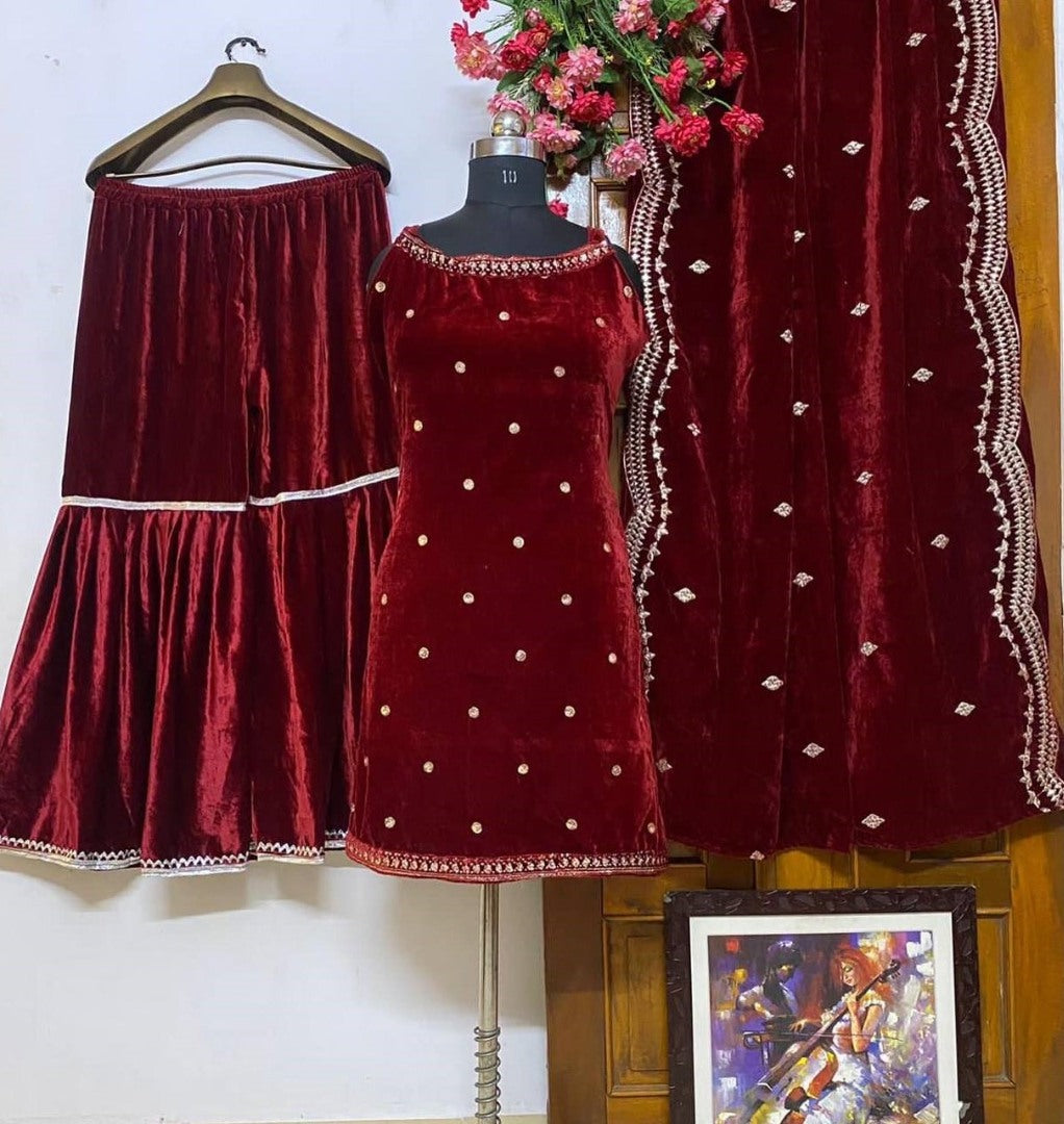 Red velvet embroidery worked plazzo suit