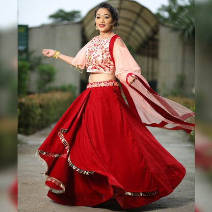 red velvet festival wear lehenga with embroidered blouse