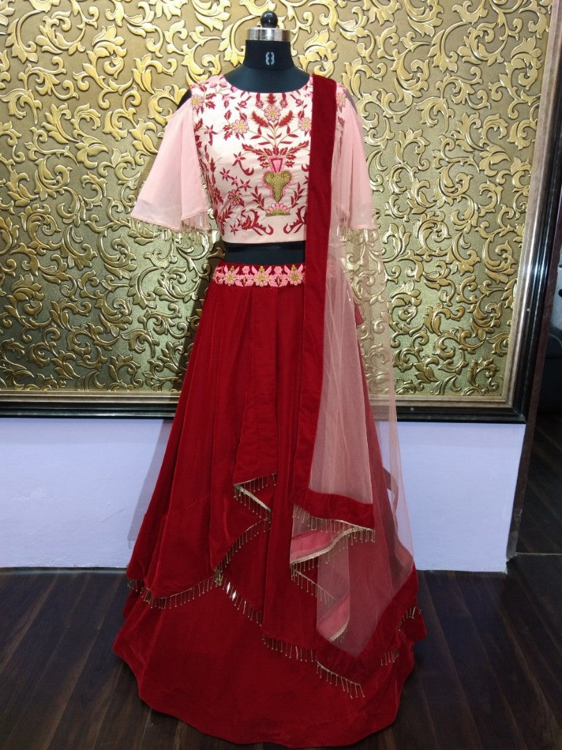 red velvet festival wear lehenga with embroidered blouse
