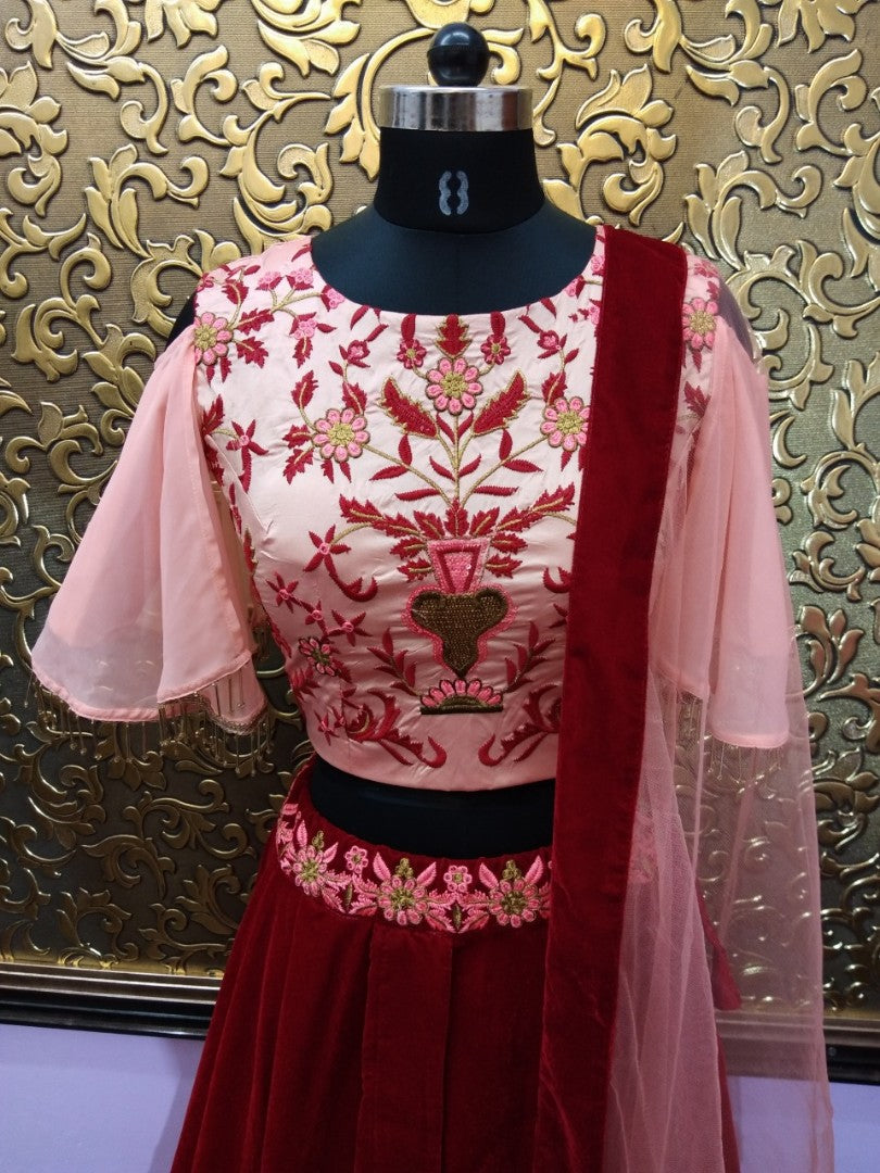 red velvet festival wear lehenga with embroidered blouse