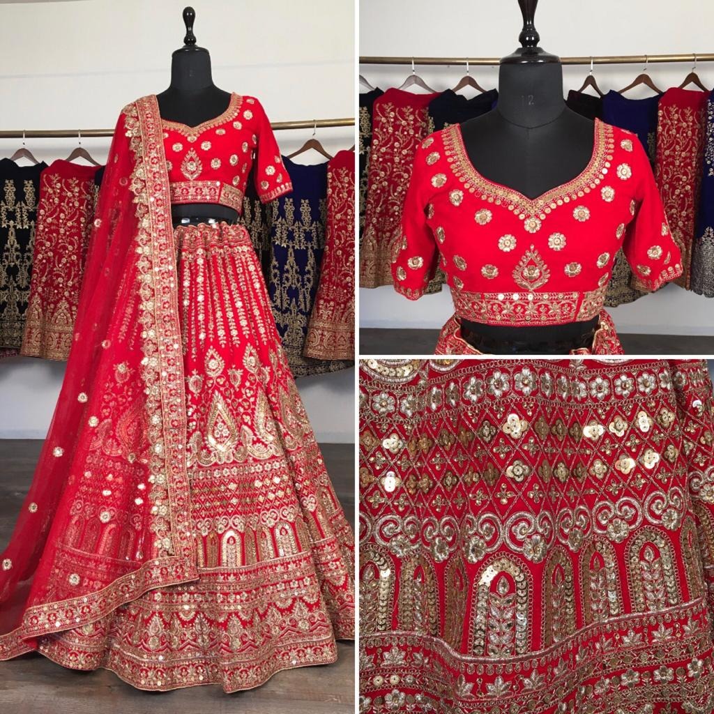 Red velvet heavy embroidered bridal lehenga choli