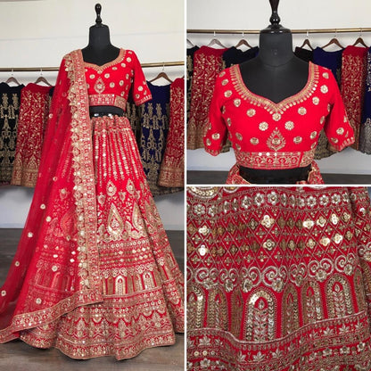 Red velvet heavy embroidered bridal lehenga choli