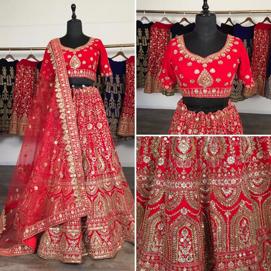 Red velvet heavy embroidered bridal lehenga choli