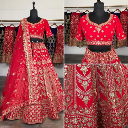Red velvet heavy embroidered bridal lehenga choli