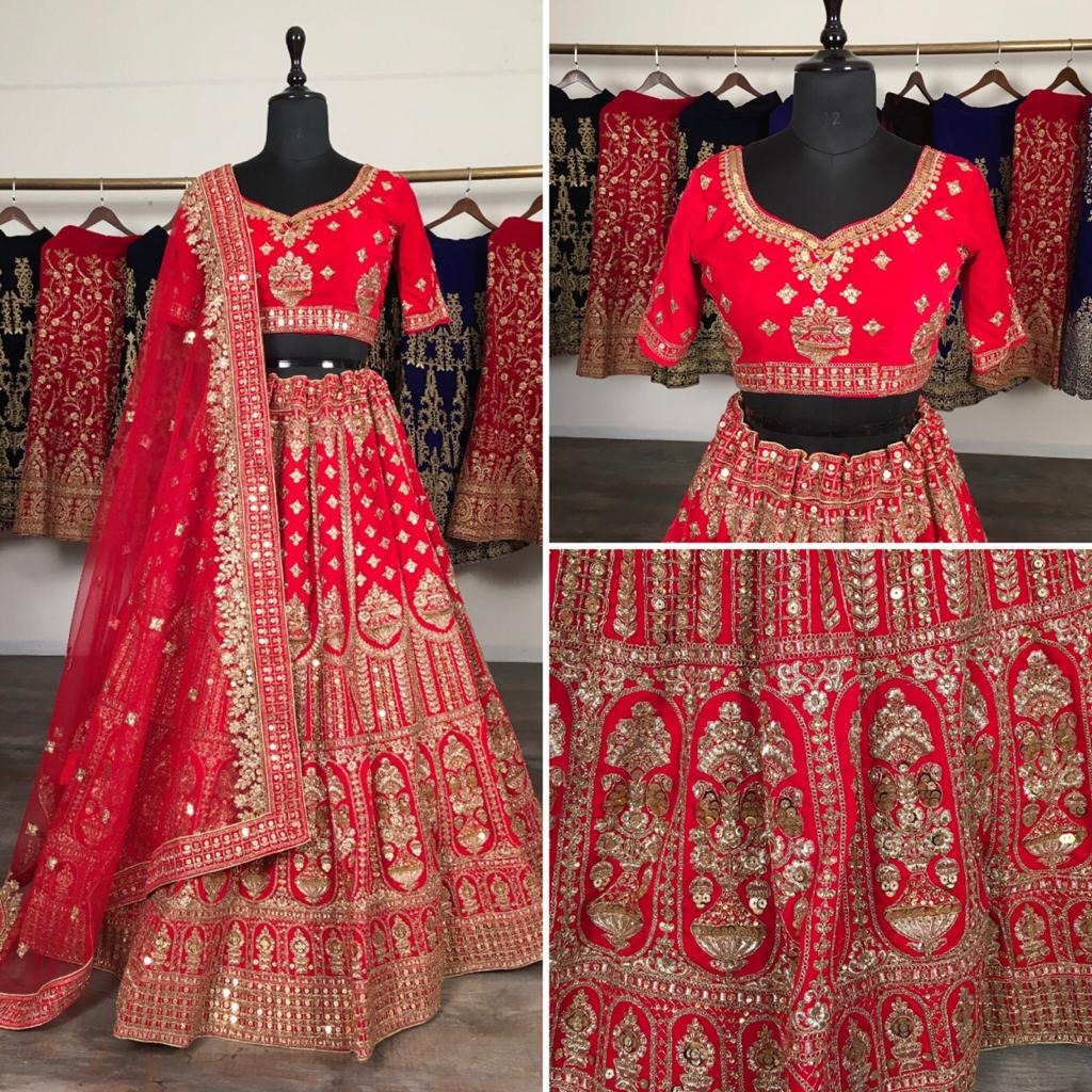 Red velvet heavy embroidered bridal lehenga choli