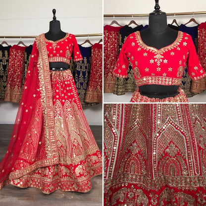 Red velvet heavy embroidered bridal lehenga choli
