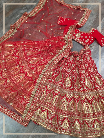 Red velvet heavy embroidered bridal lehenga choli