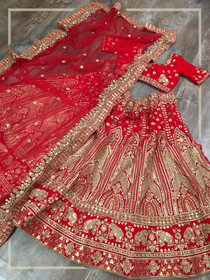 Red velvet heavy embroidered bridal lehenga choli