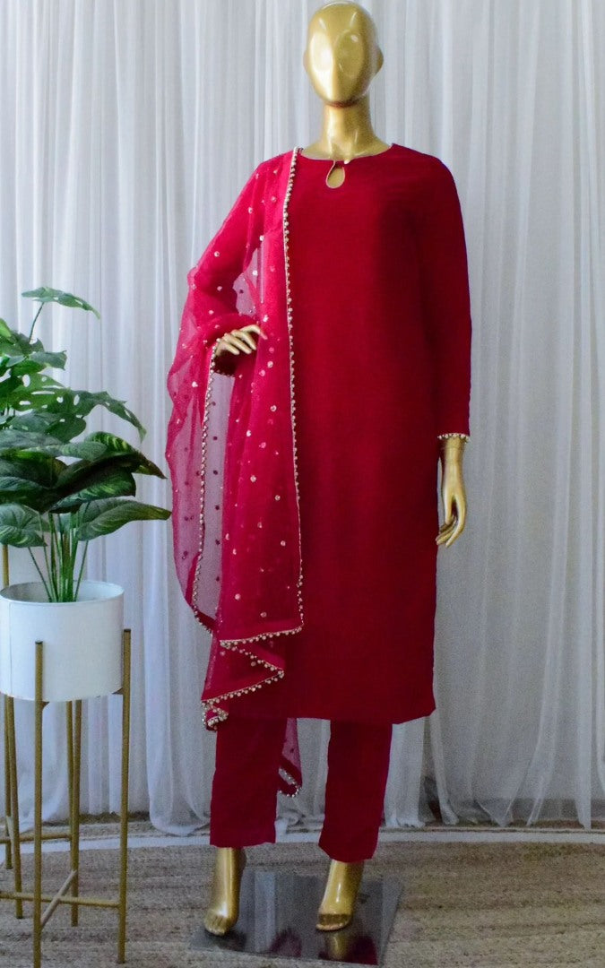 Red velvet party wear pant salwar suit