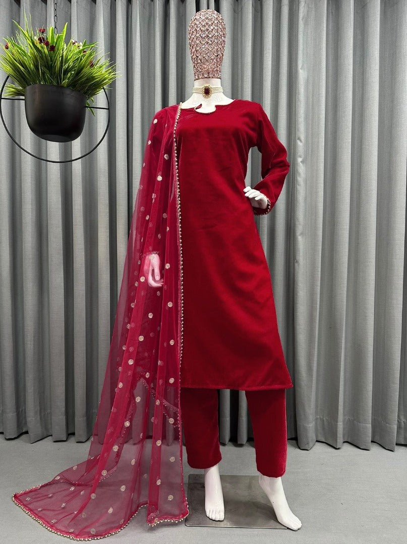 Red velvet party wear pant salwar suit