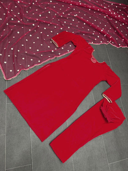 Red velvet party wear pant salwar suit