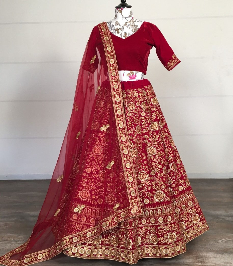 Red velvet thread embroidered work wedding lehenga choli