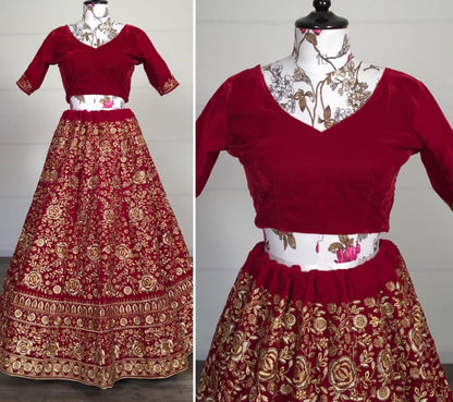 Red velvet thread embroidered work wedding lehenga choli