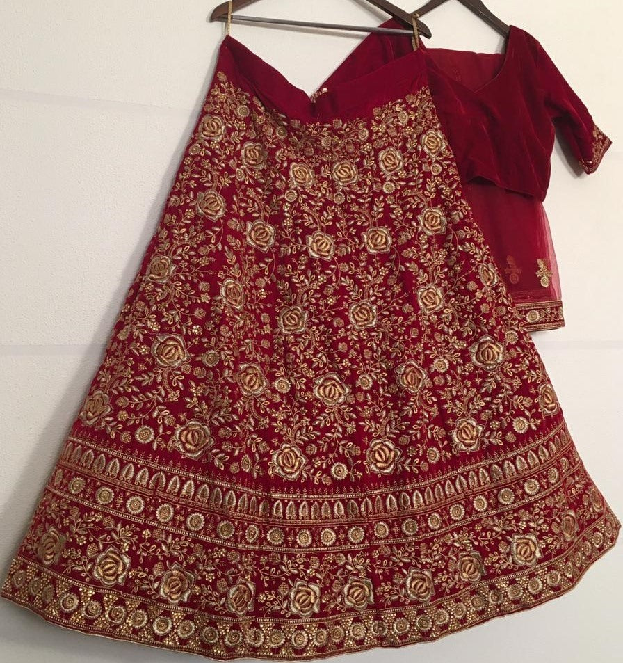 Red velvet thread embroidered work wedding lehenga choli