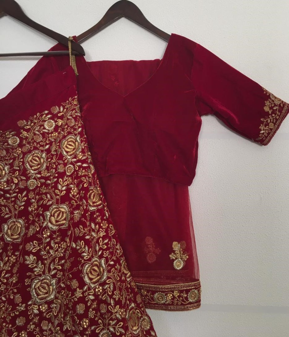 Red velvet thread embroidered work wedding lehenga choli