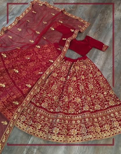 Red velvet thread embroidered work wedding lehenga choli