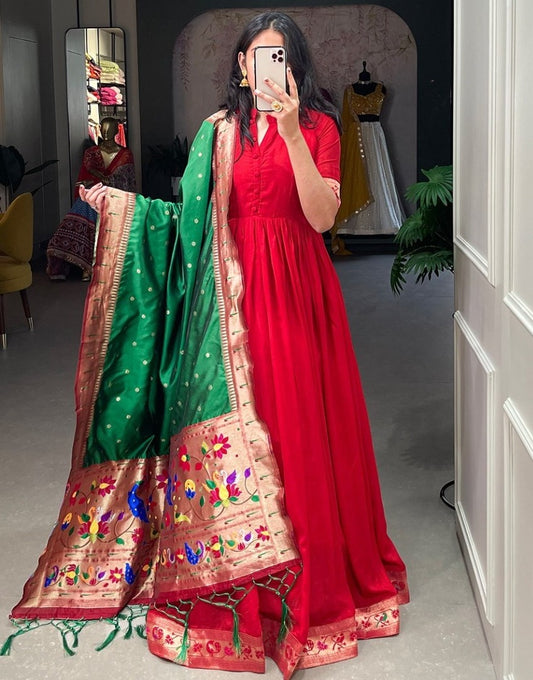 Red vichitra silk jacquard weaving work gown with paithni dupatta