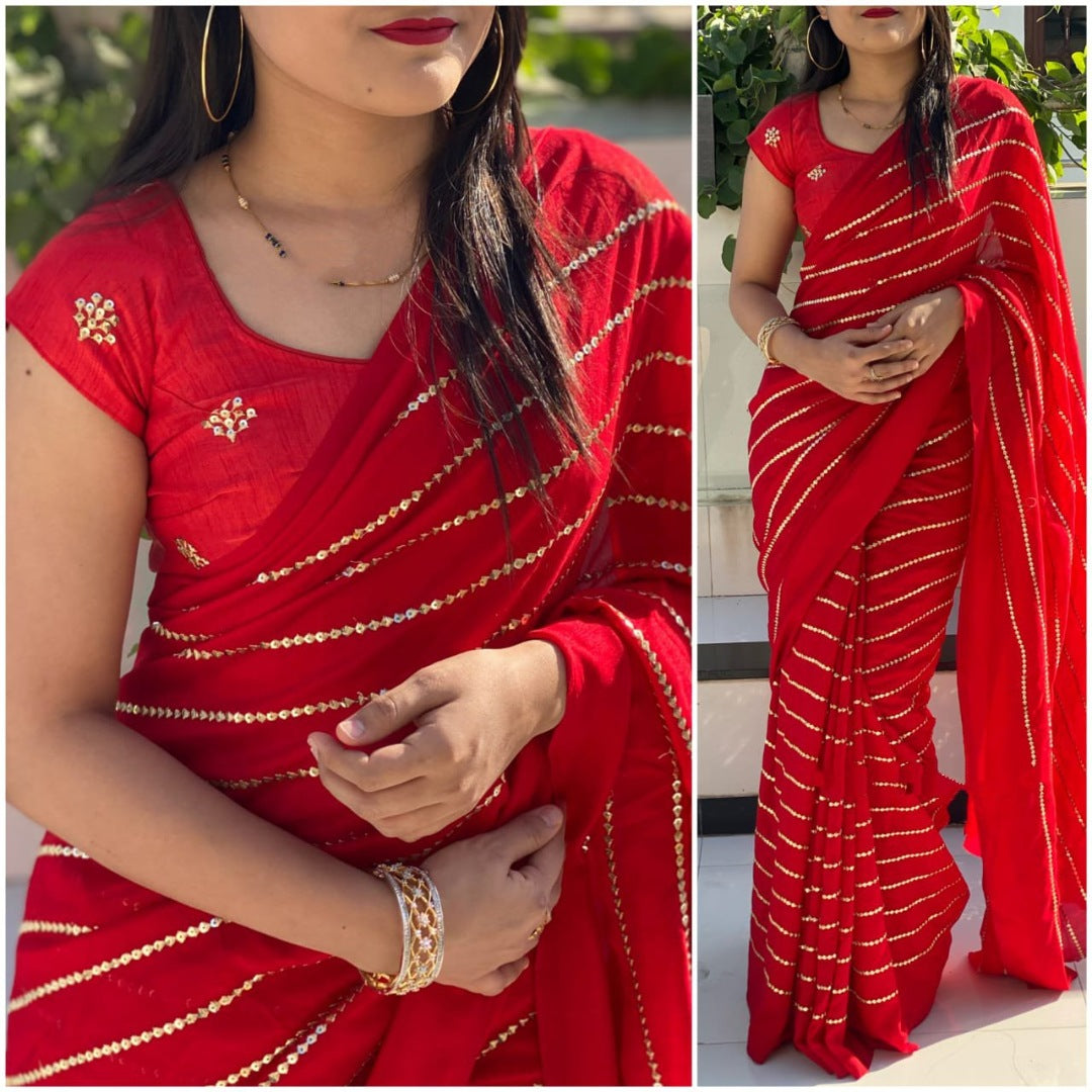 Red vichitra silk sequence work partywear saree