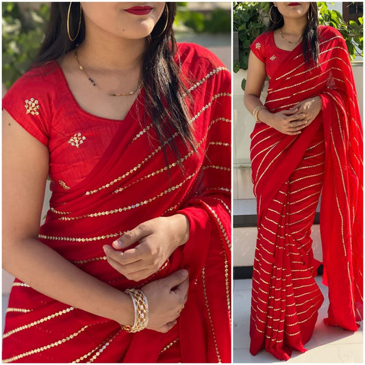 Red vichitra silk sequence work partywear saree