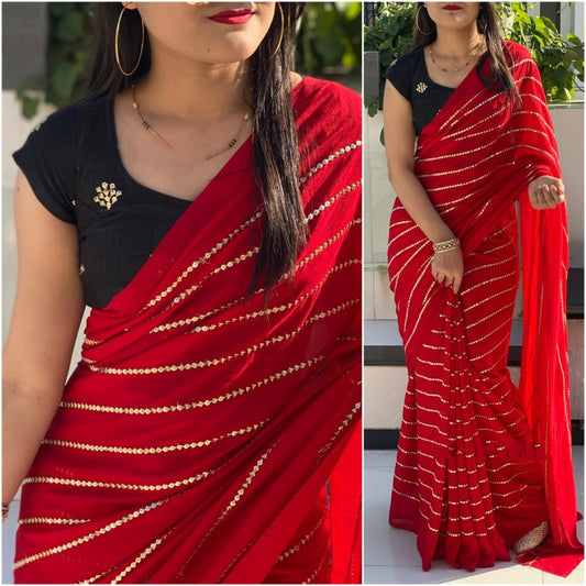 Red vichitra silk sequence work partywear saree