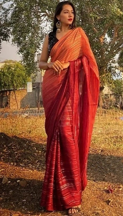 Red vichitra silk weightless silver zari patta work saree