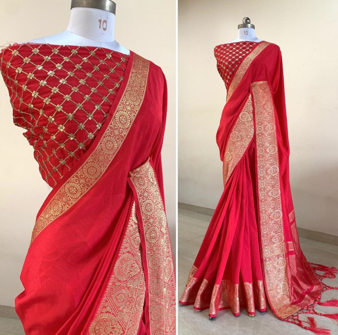 Red vichitra silk woven border and sequence work wedding saree