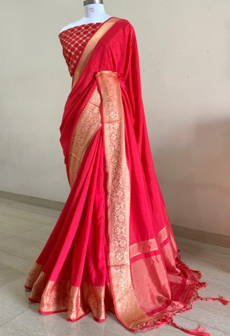 Red vichitra silk woven border and sequence work wedding saree