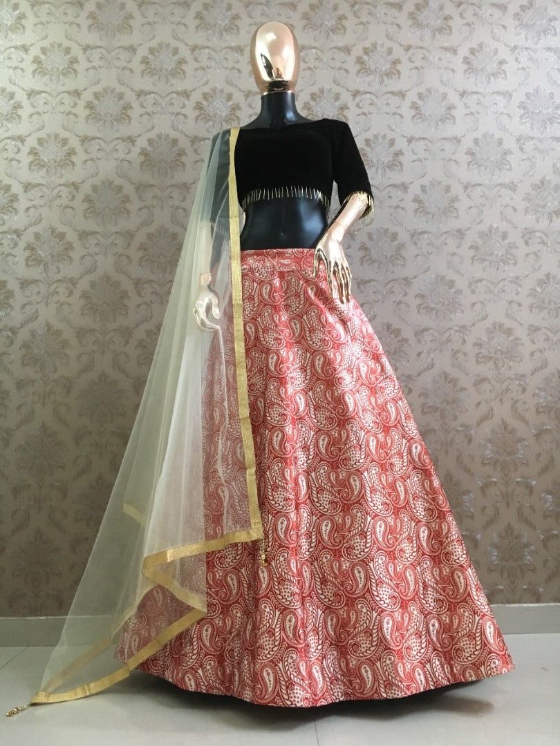Red zari satin kalmkari print lehenga choli