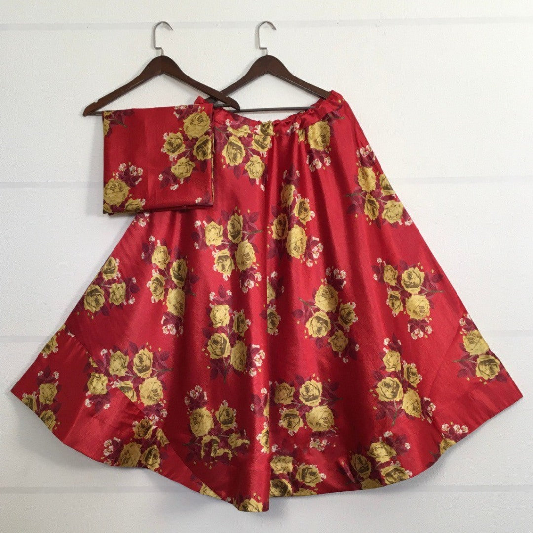 Red zari satin silk flower printed crop top lehenga
