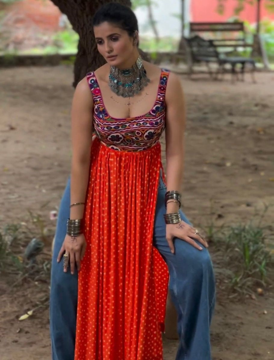 Georgette printed chainstitch work stylish kurti Red