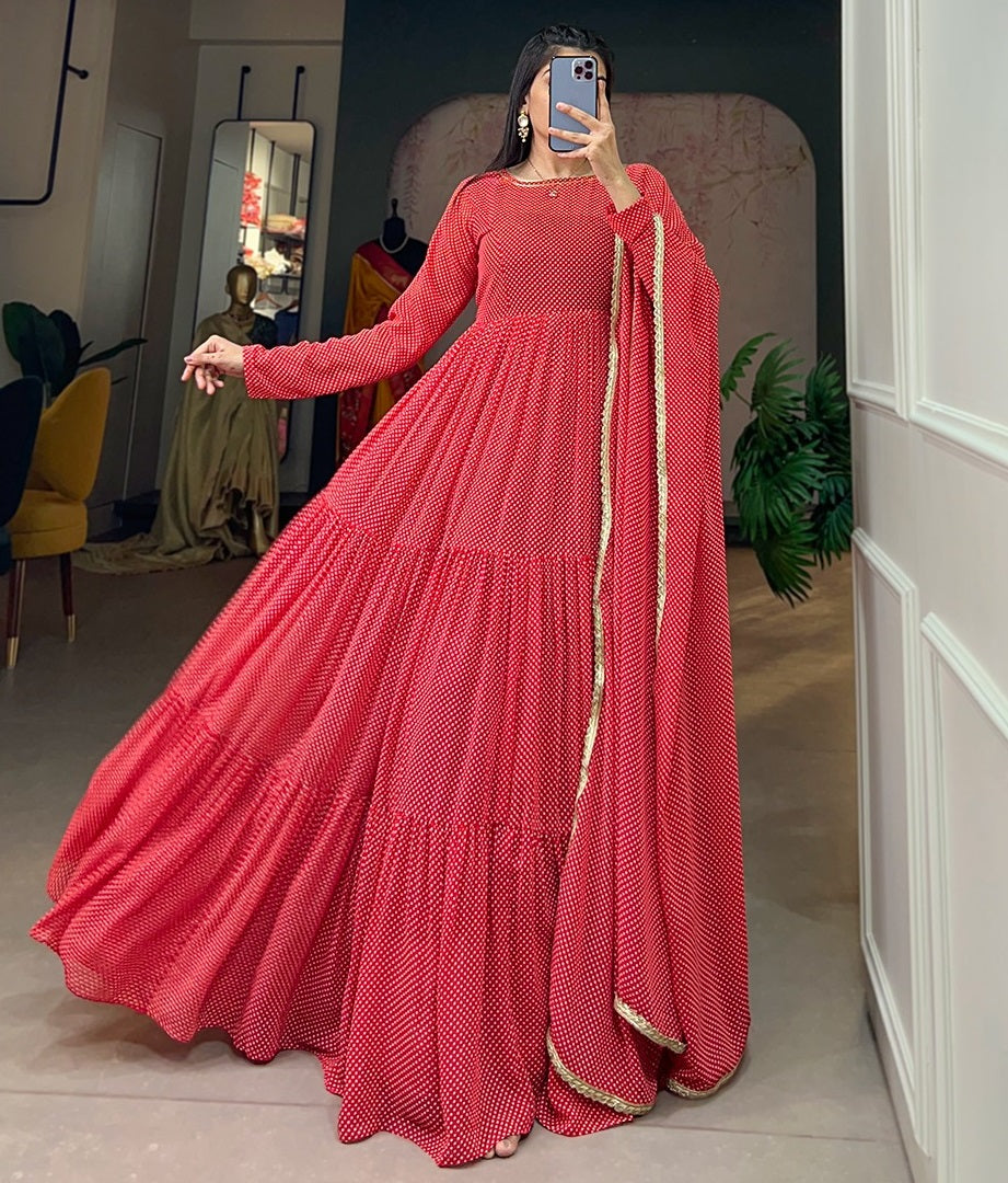 Georgette printed heavy flair long gown Red Free Size