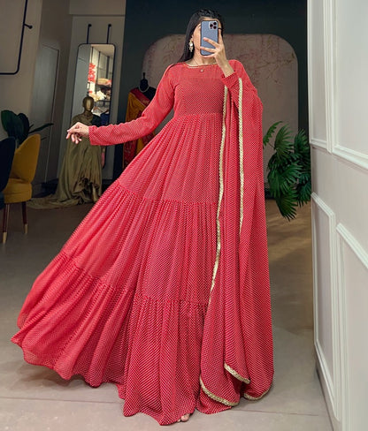 Georgette printed heavy flair long gown Red Free Size