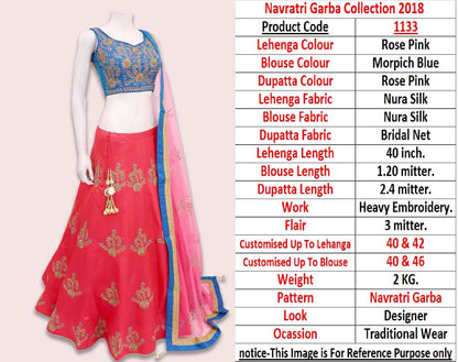 rose pink nura silk embroidered traditional lehenga for navratri festival