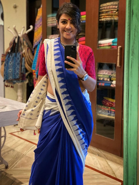 Royal blue chanderi cotton printed saree