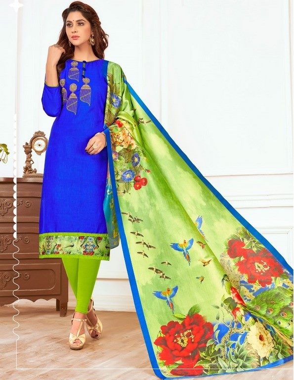 Royal Blue Colored Salab cotton Thread Work & Digital Printed Un-Stitched Dress Material