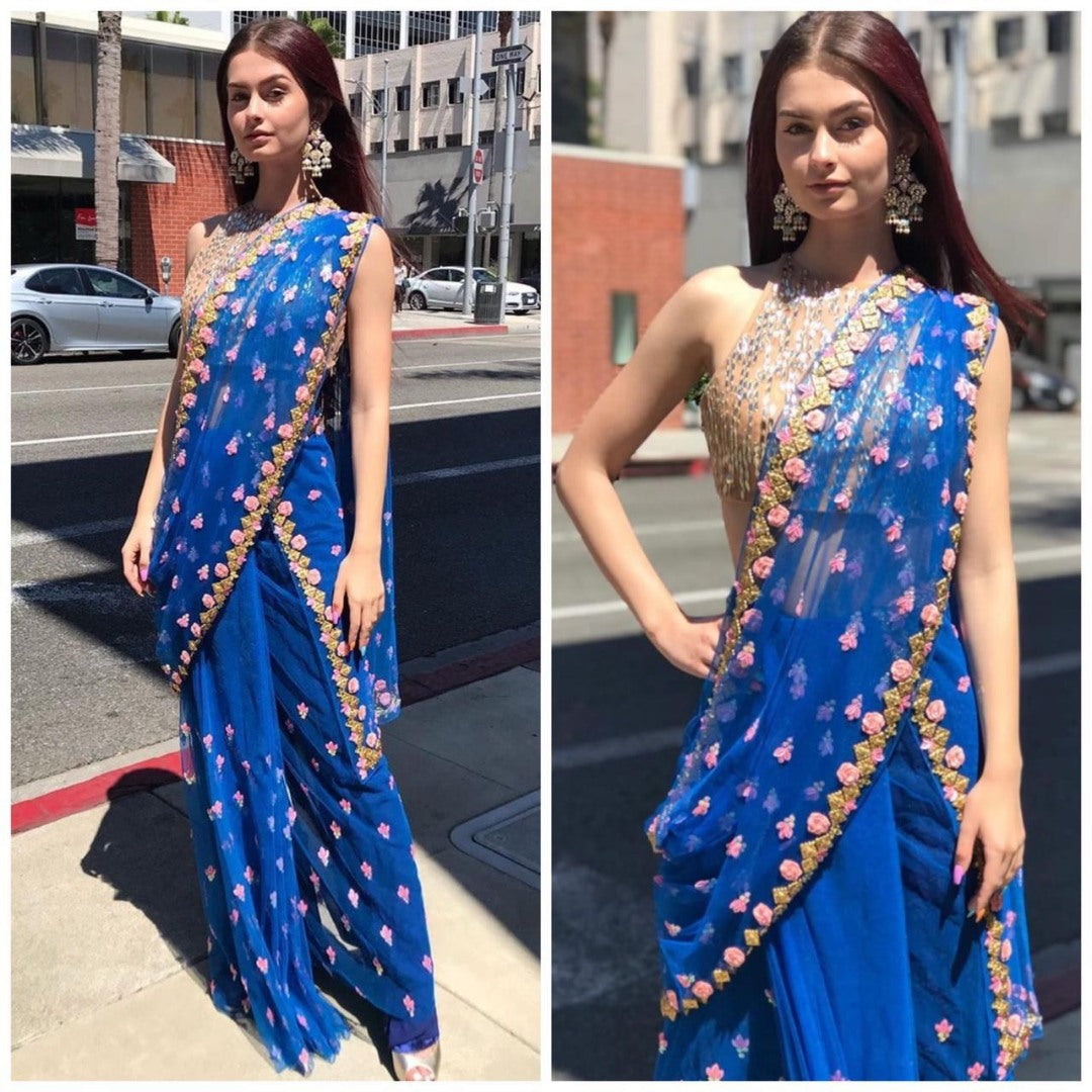 Royal blue georgette designer embroidered saree for wedding function