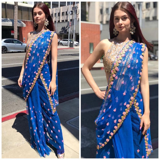 Royal blue georgette designer embroidered saree for wedding function