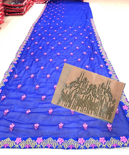 Royal blue georgette designer embroidered saree for wedding function